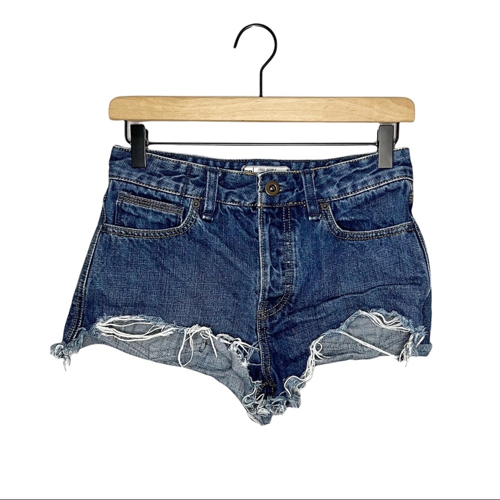 Free People Button Fly Hi Rise Cutoff Jean Shorts in Medium Wash Blue 25
